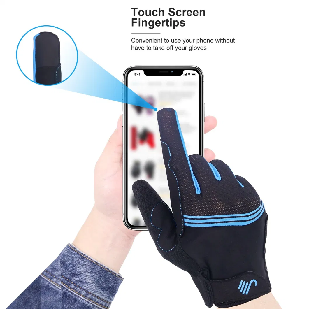 Prisafety Breathable Flexible Blue Full Finger Padding Palm Grip Sport Riding Gloves Touch Screen Cycling Bicycle Gloves for Men